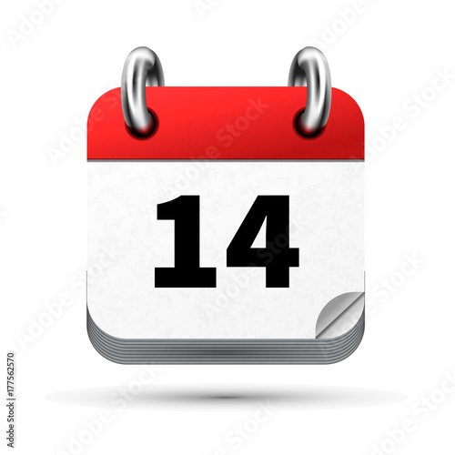 Bright realistic icon of calendar with 14th date isolated on white