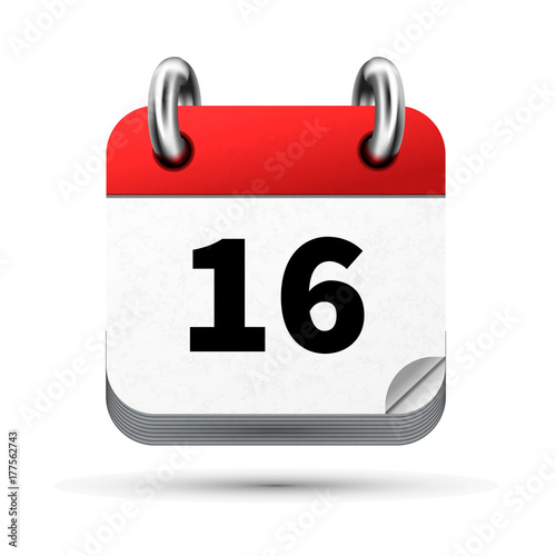 Bright realistic icon of calendar with 16th date isolated on white