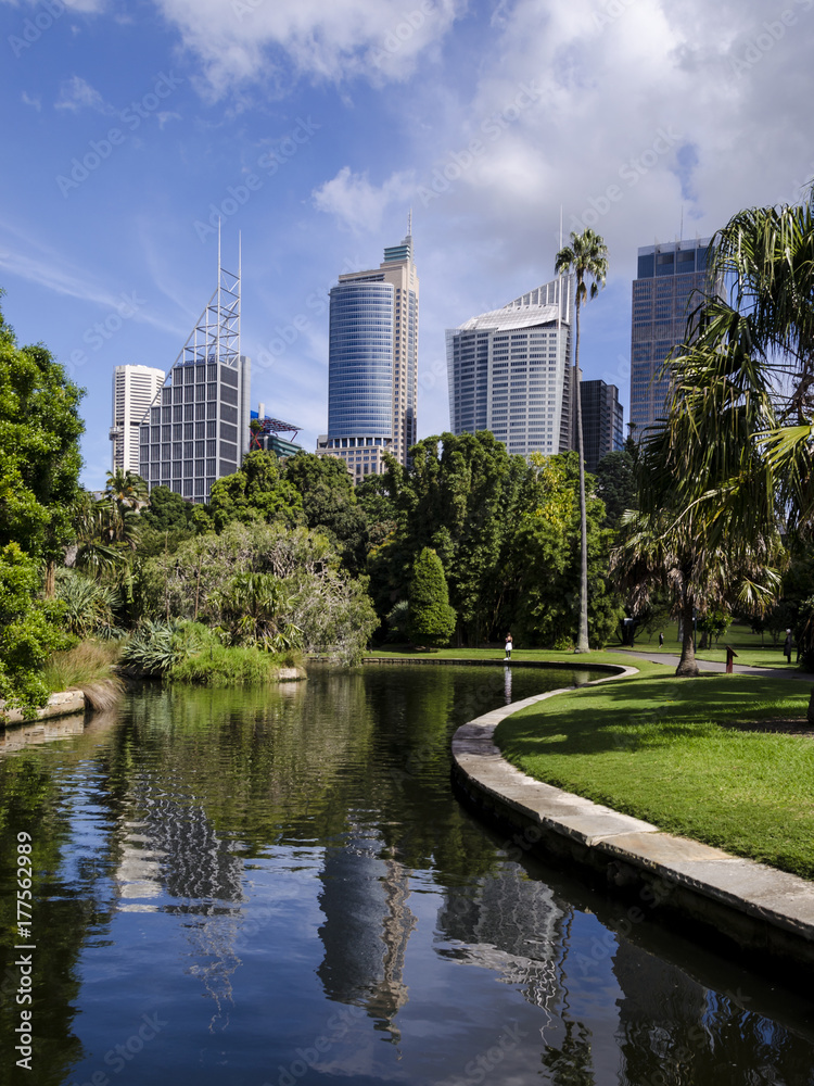 Obraz premium sydney downtown view, view of the downtonw of sydney reflected in the water. australia. park of the bay