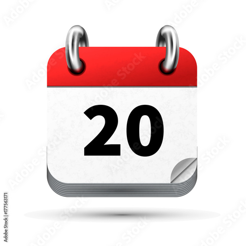 Bright realistic icon of calendar with 20th date isolated on white