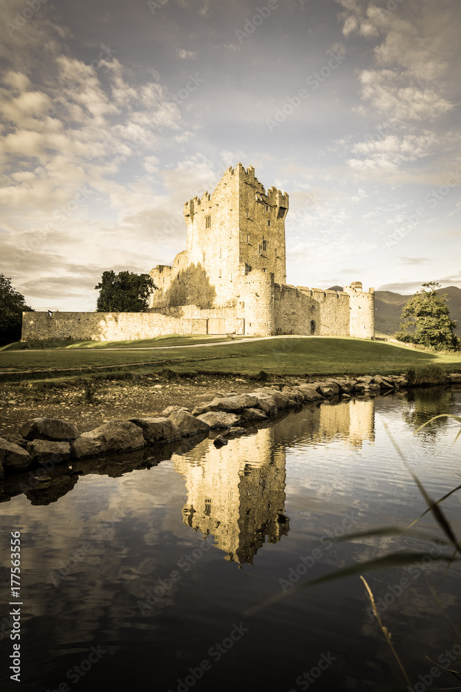 Ross Castle ruins in Ireland vintage effect image