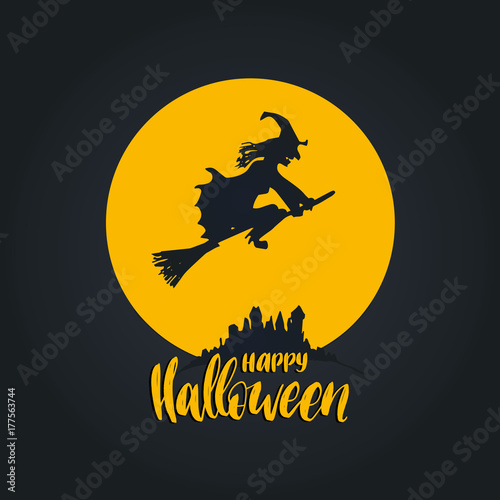 Happy Halloween lettering with witch vector illustration for party invitation card, poster. All Saints Eve background.