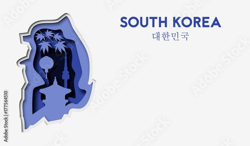 3d abstract paper cut illlustration of South Korea map and famous buildings. Vector travel template in carving art style