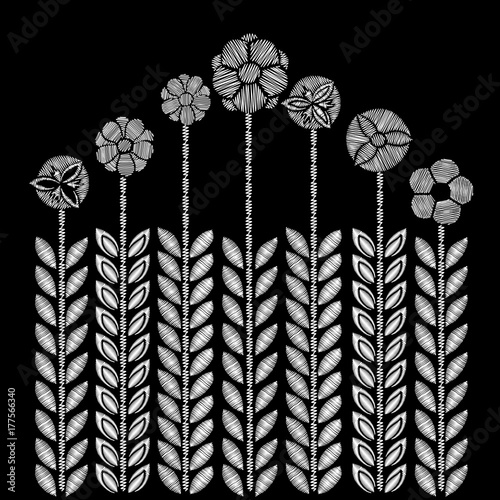 Black and white lace vector design. Contemporary lace background ornamental flowers embroidery style. Floral background for wedding invitation. Decorative element for embroidery, patches and stickers.