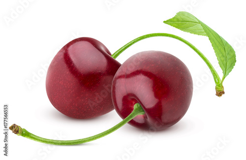 Cherry isolated. Two fresh cherries on white background