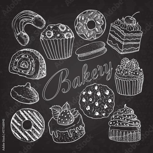 Hand Drawn Bakery Sweets Desserts Doodle on Chalkboard. Sketch Set with Cupcake, Cookie, Donut, Macaroon and Muffin. Vector illustration