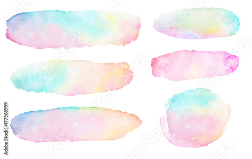 Watercolor hand painted abstract multicolor brush strokes with stains. Beautiful fairy backdrop for design.