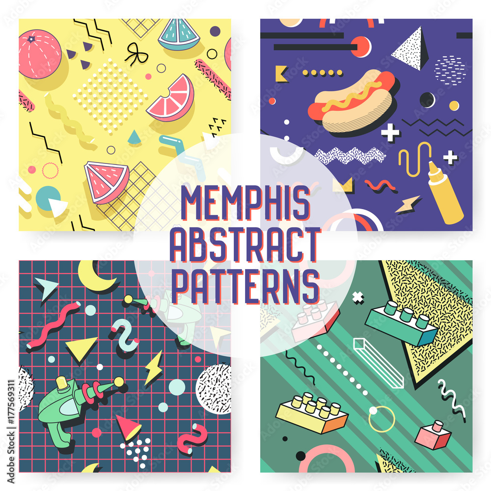Memphis Seamless Pattern Set. Abstract Trendy Background Retro Style. Modern Poster Banner, Card Design with Geometric Elements. Vector illustration