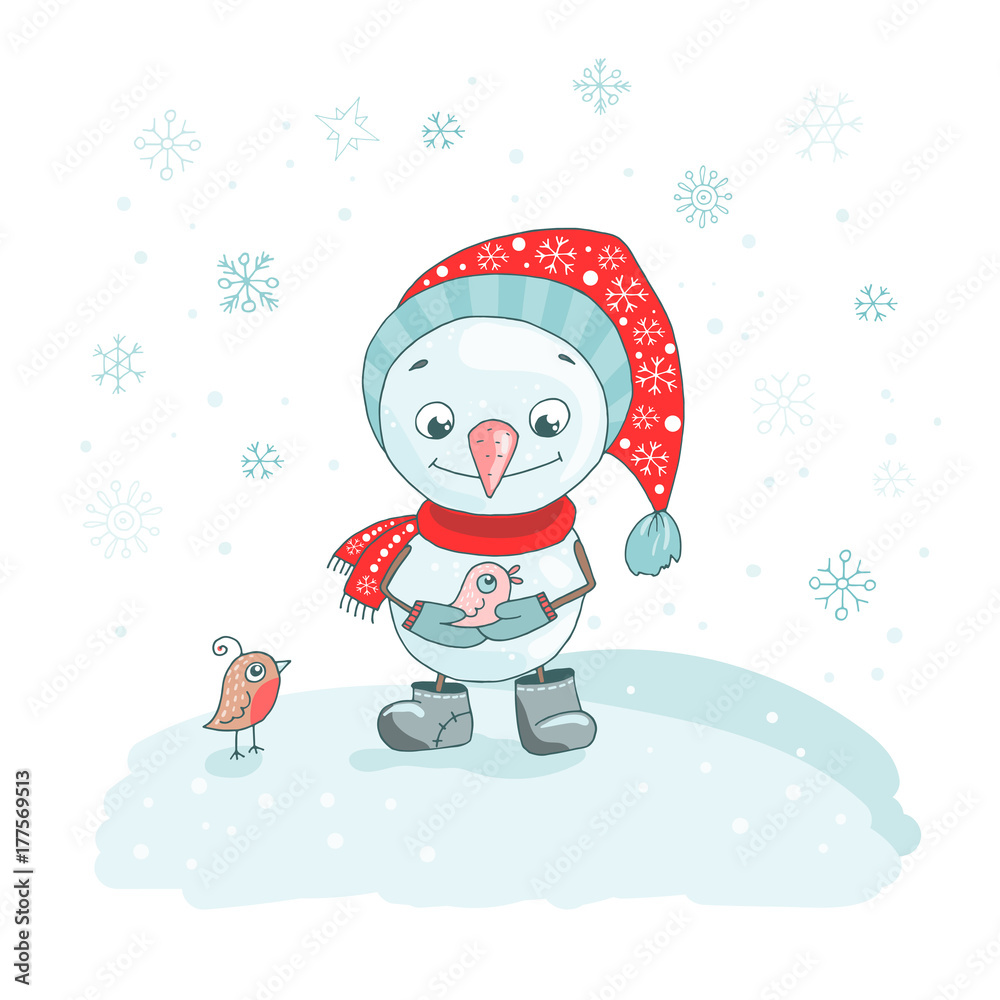 Obraz premium Christmas Greeting Card with cute snowman, birds and snowflakes