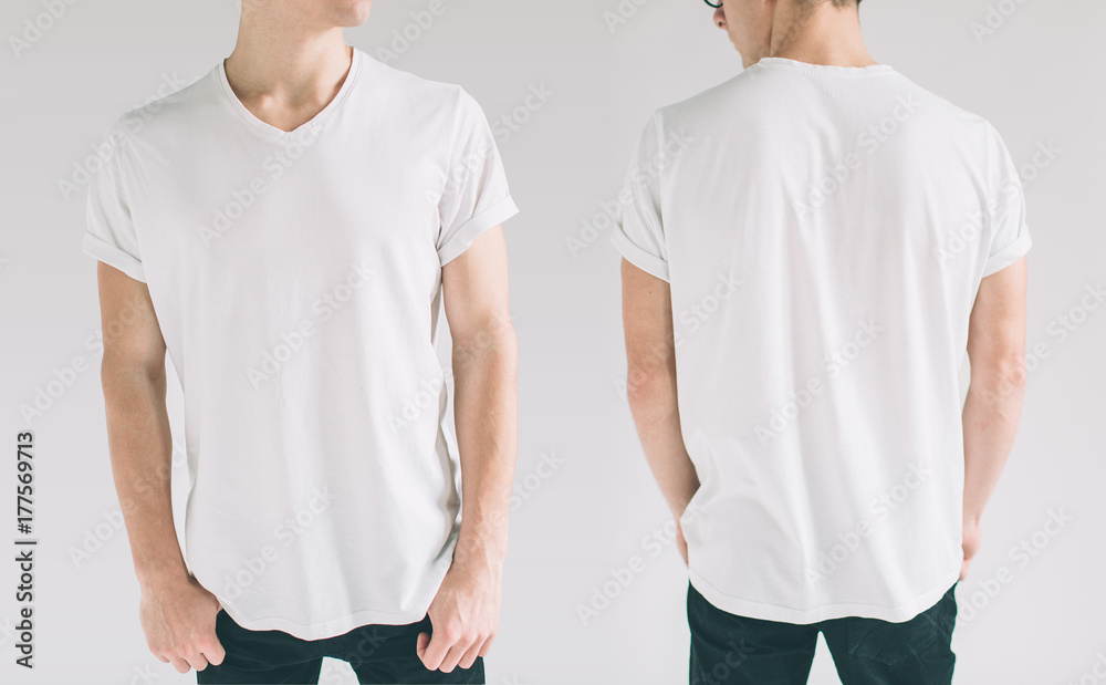 hirt design and people concept - close up of young man in blank white ...