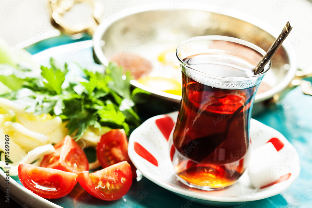 Travel concept: setup with traditional turkish breakfast Travel concept: setup with traditional turkish breakfast