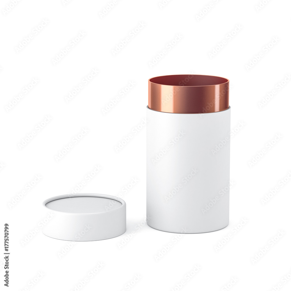 Opened White with copper gold paper tube tin can Mockup, 3d rendering