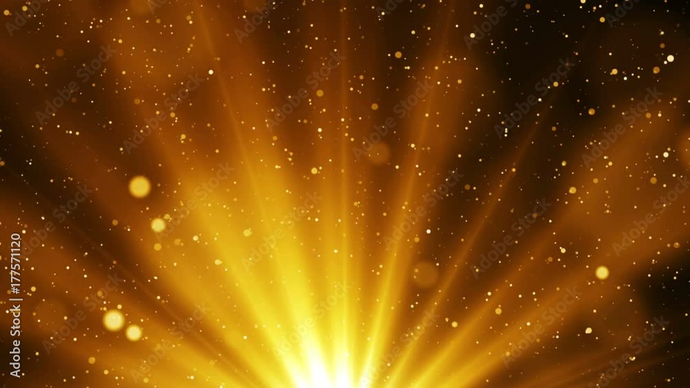 Golden abstract background with shinning particles and glitter sparks come from light at the bottom. Seamless loop.