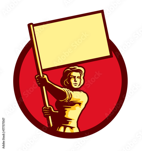 Vintage soviet socialist propaganda style patriot woman holding blank flag
in a circle vector illustration, political protest activism patriotism
