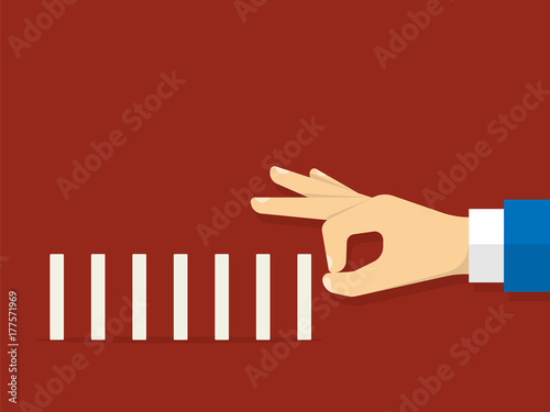 Man hand pushing the domino. Flat style. Vector