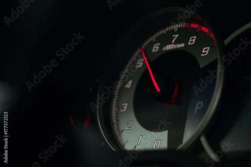 Acceleration. Tachometer of the sports car.