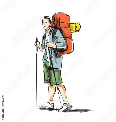 Vector color line sketch of a mountain tourist