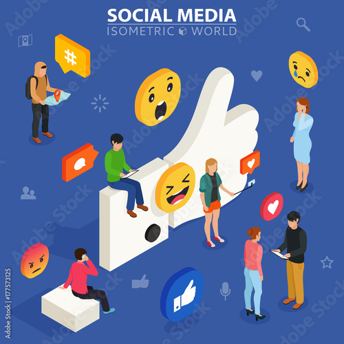 Social media isometric concept. Young people communicate with each other. Social networking and blogging. Flat design of guys and women near big symbol.