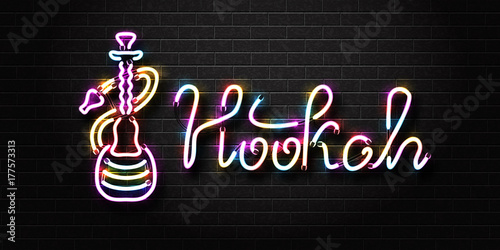 Vector realistic isolated neon sign of Hookah lettering for decoration and covering on the wall background. Concept of hookah lounge.