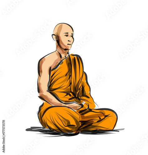 Fototapet Vector color line sketch meditating monk