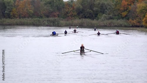 Rowing is a water sport. Female team in training. photo