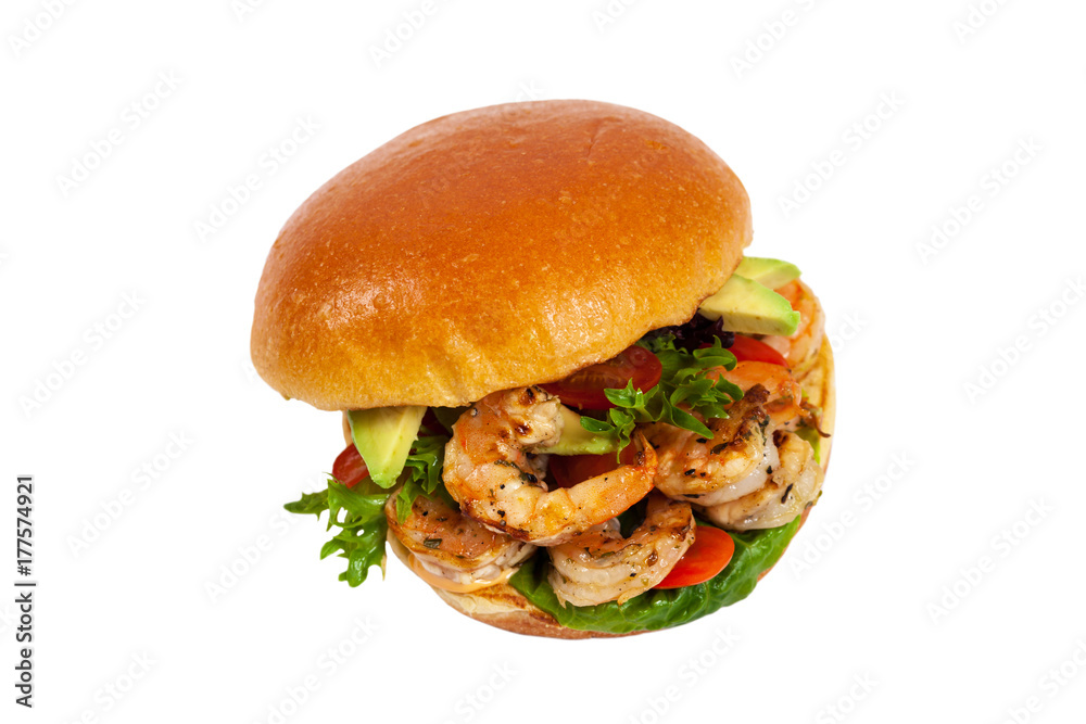 Shrimp Burgers Isolated on White background. Selective focus. Shrimp Burgers Isolated on White background. Selective focus.