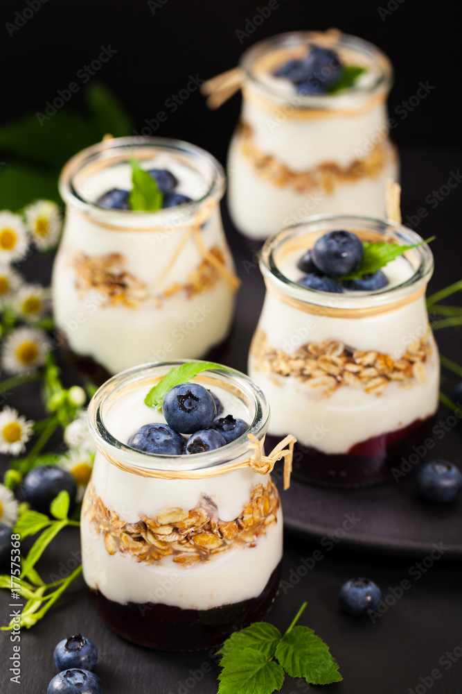 Healthy Greek Yogurt with Blueberries and Granola Parfait. Selective focus. Healthy Greek Yogurt with Blueberries and Granola Parfait. Selective focus.