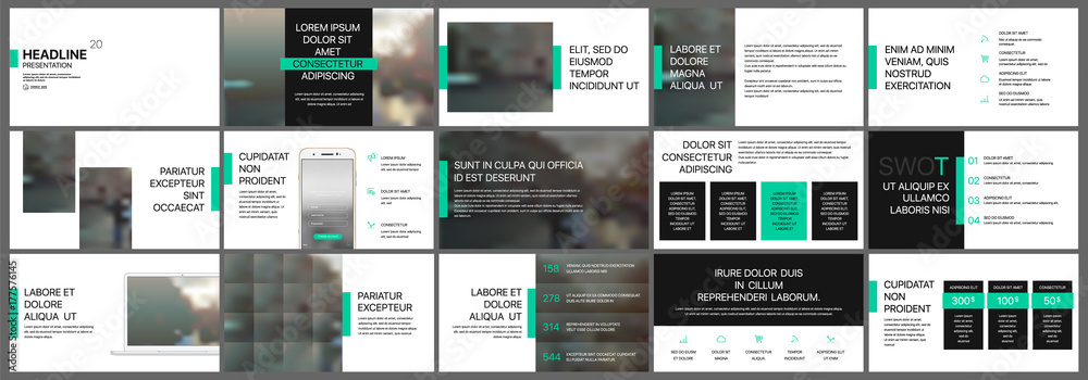 Green and black presentation templates elements on a white background. Vector infographics. Use in Presentation, flyer and leaflet, corporate report, marketing, advertising, annual report, banner. - obrazy, fototapety, plakaty 