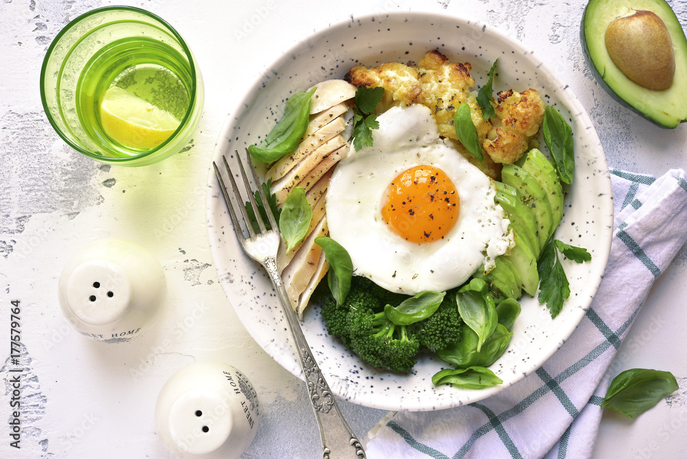 Dinner bowl with meat,fried egg and vegetables.Top view. Dinner bowl with meat,fried egg and vegetables.Top view.