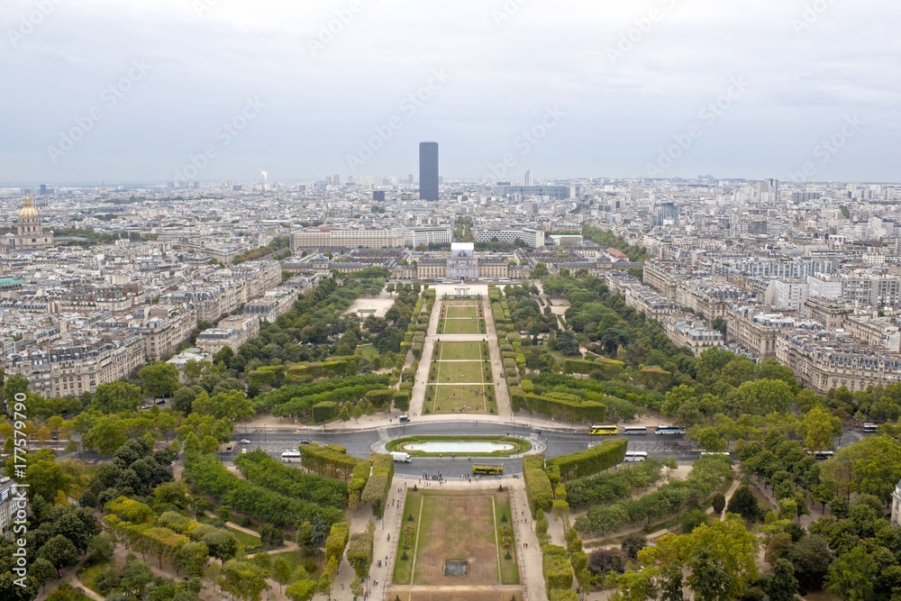 Mars field and the Montparnasse building from aerial view in Paris, France