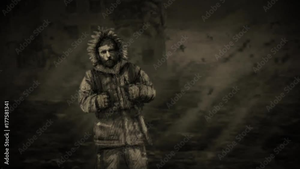 Lonely traveler walks against the backdrop of a zombie apocalypse. Skull and bones on the background of ruins. Animation in the genre of horror. After nuclear war. Area of infection. Monochrome color Lonely traveler walks against the backdrop of a zombie apocalypse. Skull and bones on the background of ruins. Animation in the genre of horror. After nuclear war. Area of infection. Monochrome color
