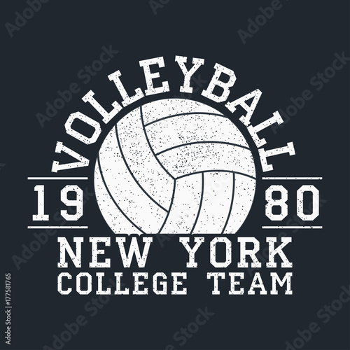 Volleyball New York grunge print for apparel with ball. Typography emblem for t-shirt. Design for athletic clothes. Vector illustration.