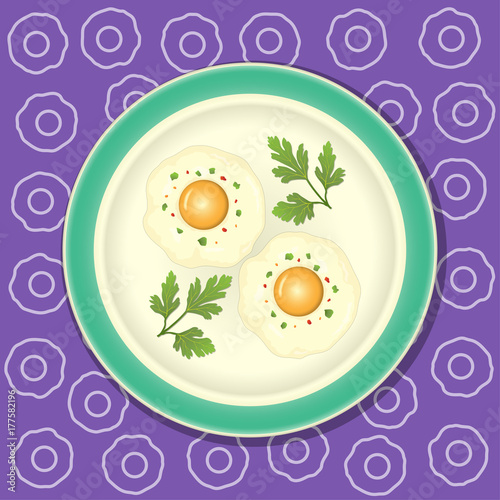 Fried egg with parsley on the plate
