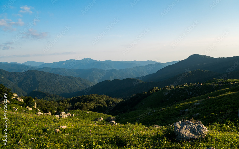 Panorama of the Caucasus mountains covered with forest