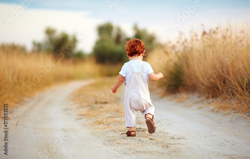 cute toddler baby boy running away along the path at summer field