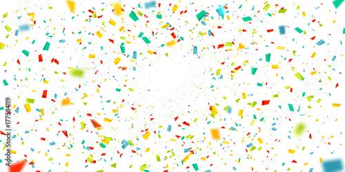 Colorful confetti falling randomly. Abstract background with explosion particles. Vector illustration can be used for greeting card, carnival, holiday, celebration.