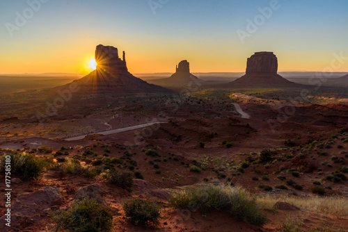 Sunrise at Monument Valley  Panorama of the Mitten Buttes - seen from the visitor center at the Navajo Tribal Park - Arizona and Utah  USA