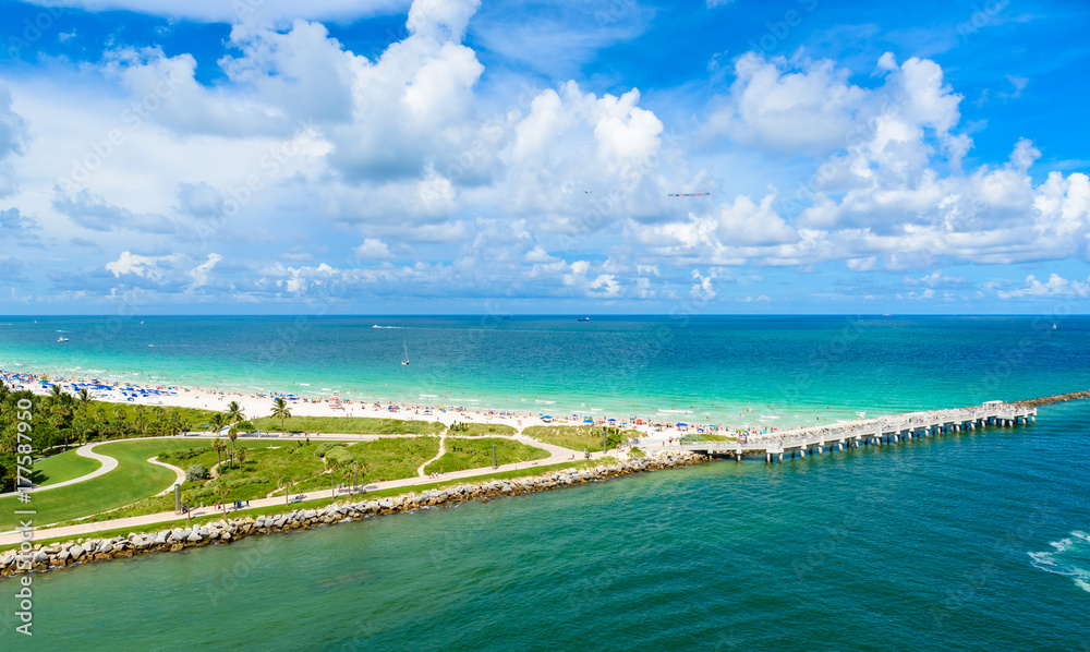 South Pointe Park and Pier at South Beach, Miami Beach. Aerial view. Paradise and tropical coast of Florida, USA.