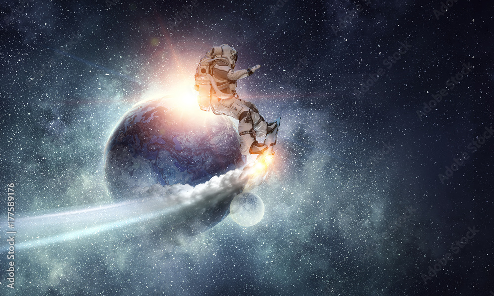 Obraz premium Spaceman on flying board. Mixed media
