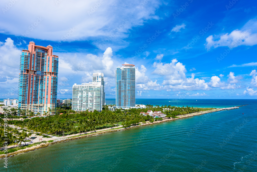 South Pointe Park and Pier at South Beach, Miami Beach. Aerial view. Paradise and tropical coast of Florida, USA. South Pointe Park and Pier at South Beach, Miami Beach. Aerial view. Paradise and tropical coast of Florida, USA.
