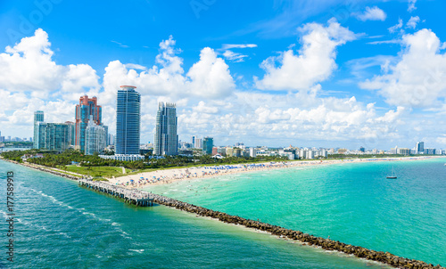 South Beach, Miami Beach. Tropical and Paradise coast of Florida, USA. Aerial view. © Simon Dannhauer
