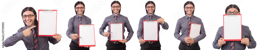 Young businessman with paper isolated on white Young businessman with paper isolated on white