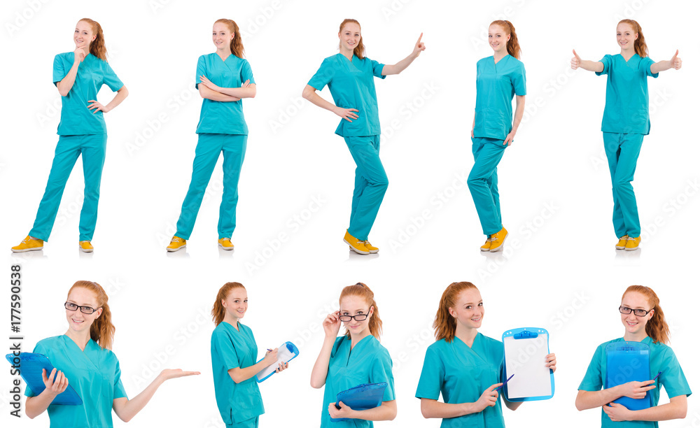 Fototapeta premium Smiling woman-doctor in uniform isolated on white