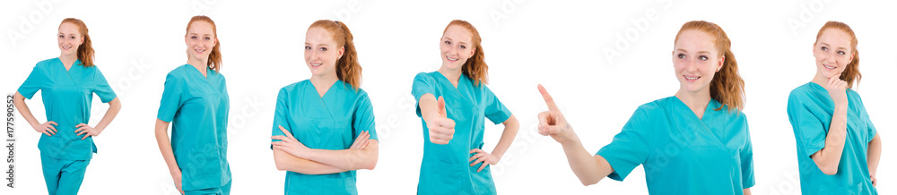 Woman- doctor in uniform thumbing up isolated on white Woman- doctor in uniform thumbing up isolated on white