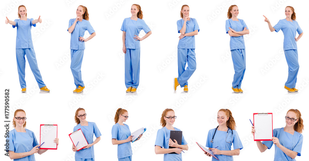 Obraz premium Pretty doctor in blue uniform isolated on white