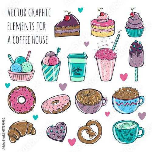 Vector illustration. Set of cute and fun ice cream stickers, badges, icons.
