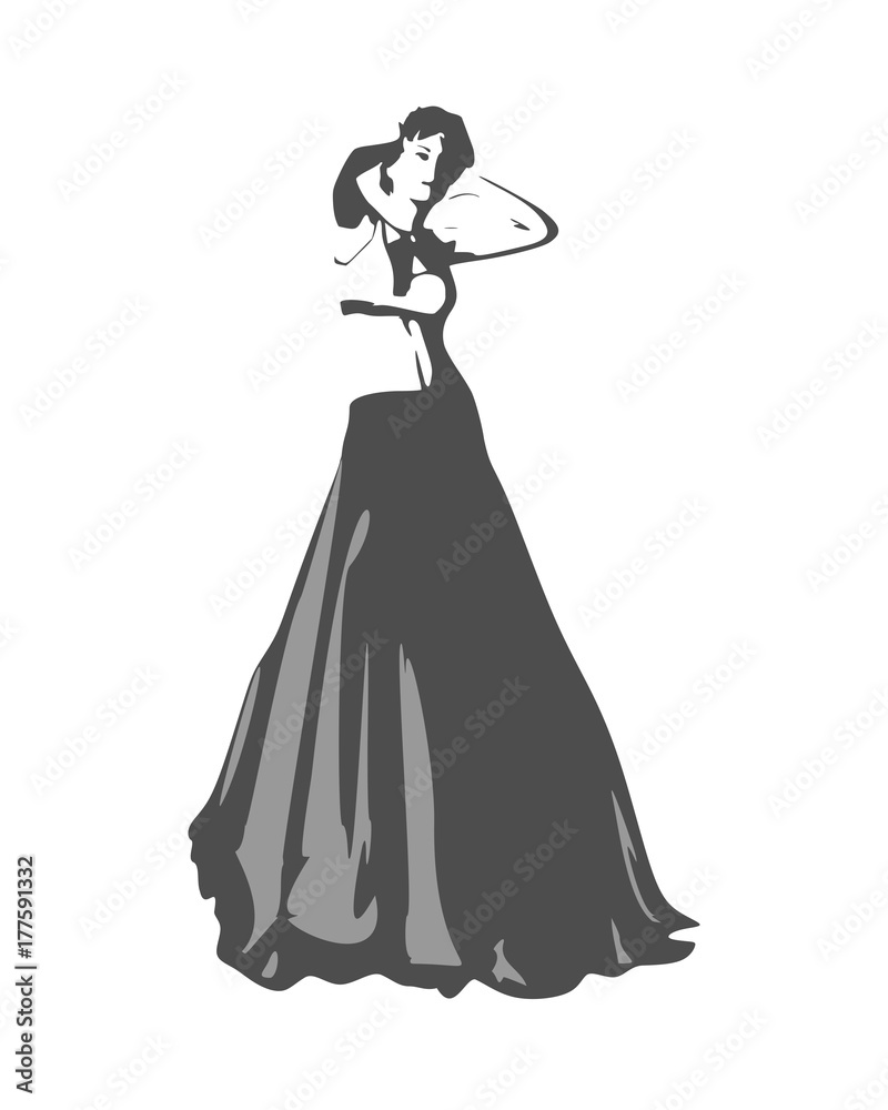 Sexy woman silhouette in evening dress. Girl rise her hands to head. Monochrome illustration Sexy woman silhouette in evening dress. Girl rise her hands to head. Monochrome illustration