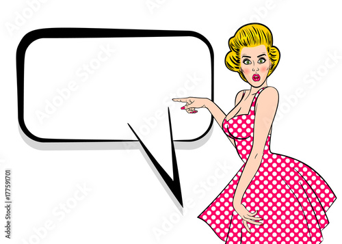 Retro wow surprised face open mouth. Blank speech bubble, empty comic text box. Female fashion breast. Pop art blonde woman vintage customer. Sexy young attractive pinup girl show finger