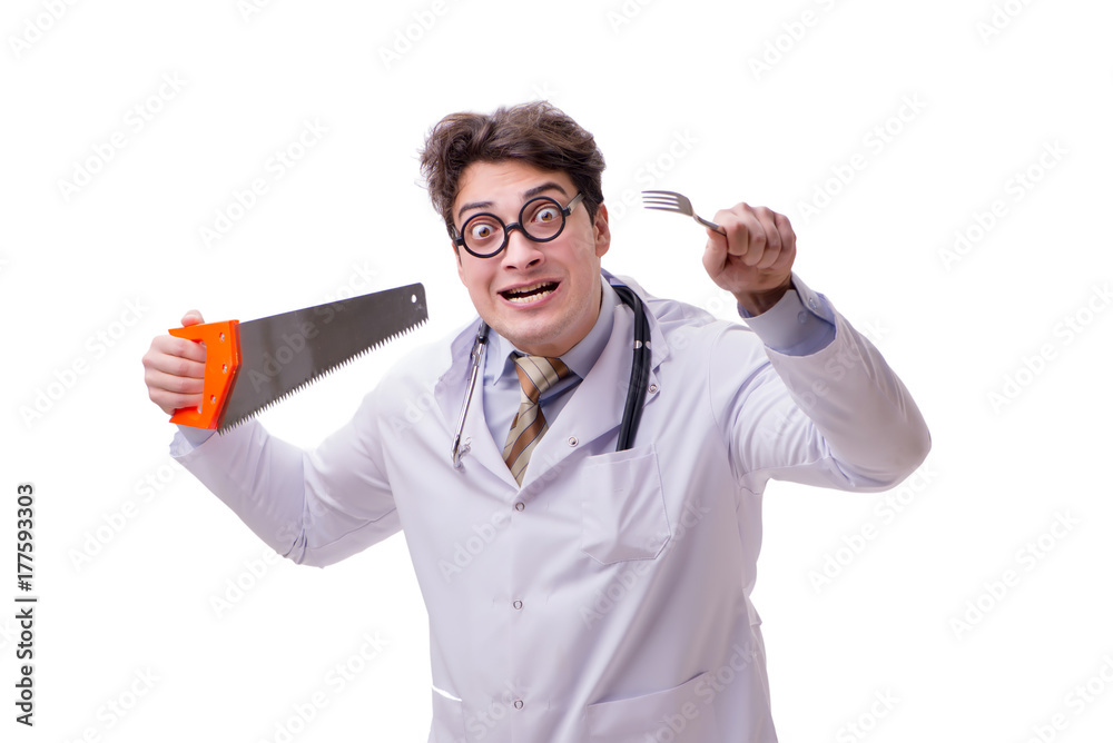 Funny doctor with saw isolated on white Funny doctor with saw isolated on white