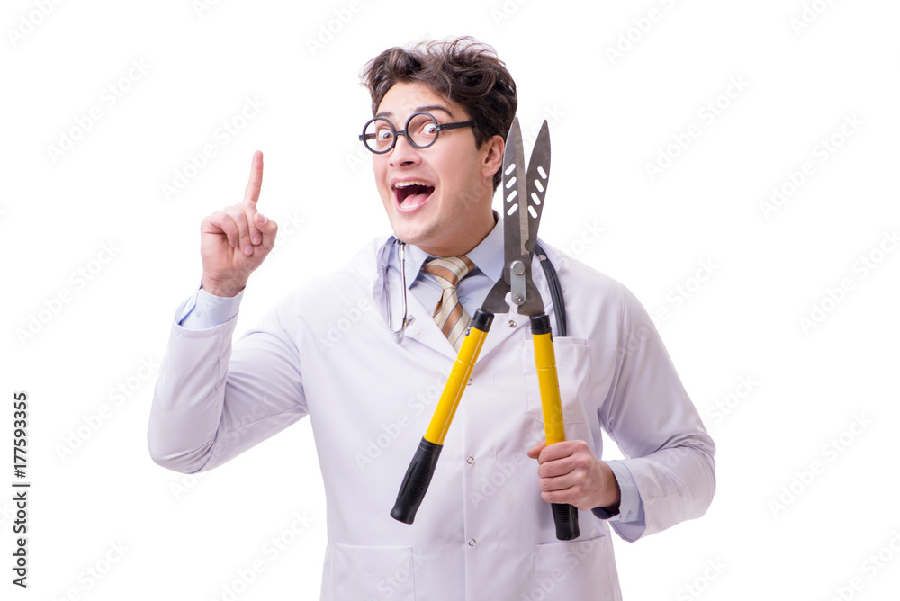 Funny doctor with shears isolated on white Funny doctor with shears isolated on white